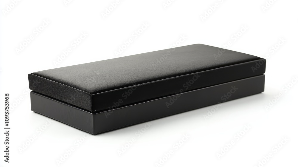 A slim black luxury box with a velvet interior, resting on a clean white background A slim black luxury box with a velvet interior, resting on a clean white background