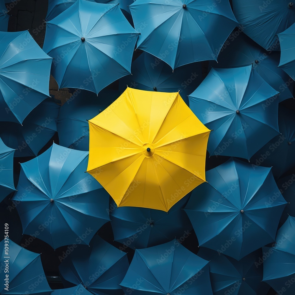 Top view of yellow umbrella standing out among blue umbrellas Top view of yellow umbrella standing out among blue umbrellas