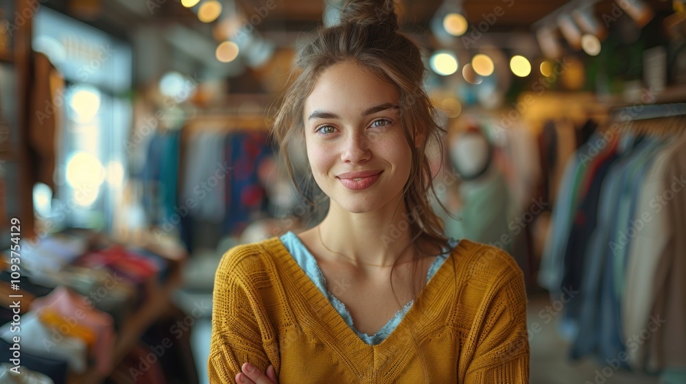Young Female Customer Smiling While Shopping in a Modern Clothing Store