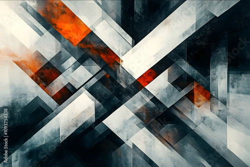 An abstract 3D painting featuring a series of intersecting planes and lines that create a complex yet minimalist composition The use of a limited color palette and photo