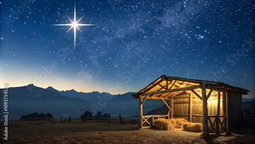 Nativity Scene Under a Starry Night Guiding Star, Serene Countryside, and Spiritual Symbolism in a Breathtaking Panoramic Christmas Landscape V2 photo