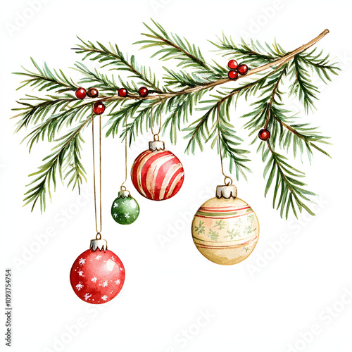 Illustration christmas tree branch with christmas decorations on white background 