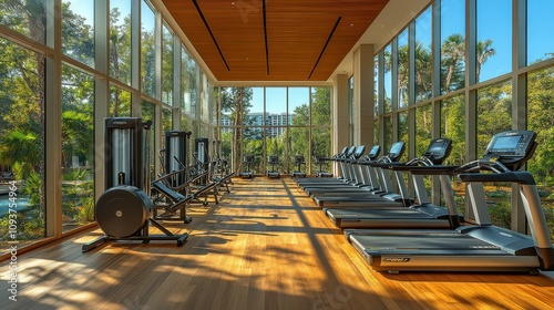 Modern Gym Interior with Large Windows Overlooking Nature, Featuring Treadmills, Exercise Machines, and Natural Light in a Serene Environment