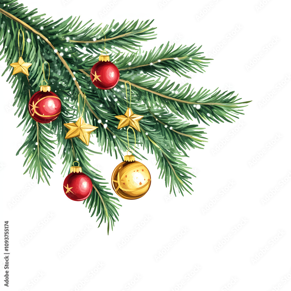 Illustration christmas tree branch with christmas decorations on white background Illustration christmas tree branch with christmas decorations on white background