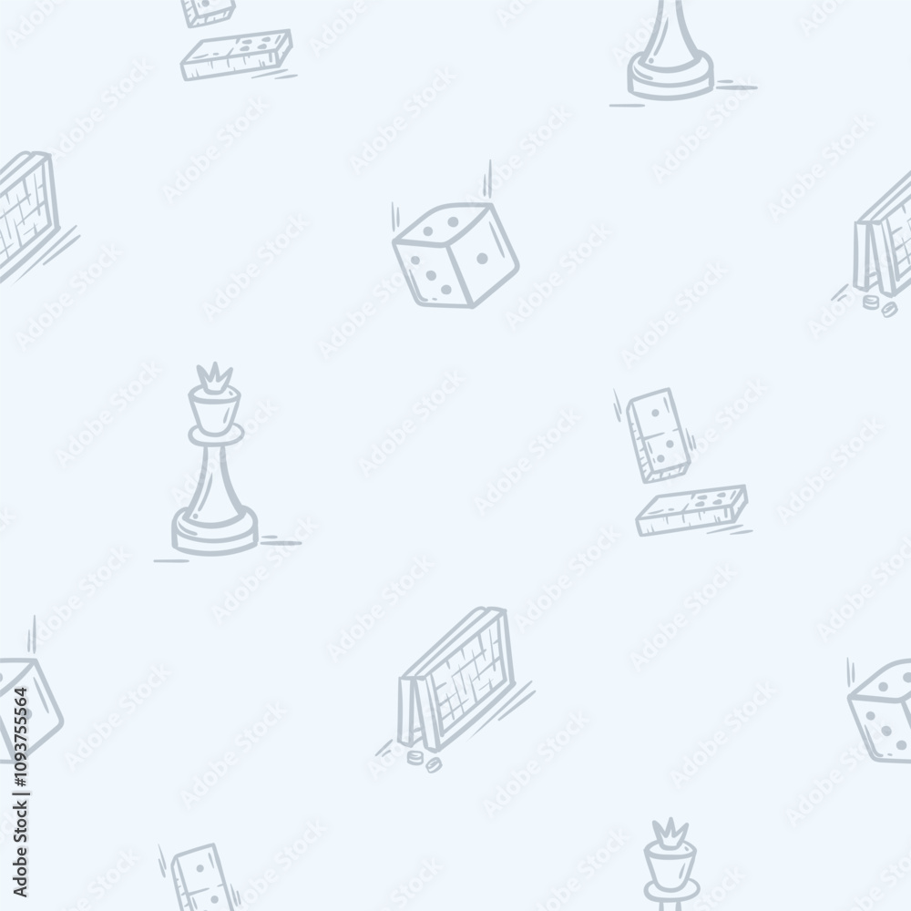 A simple black and white pattern with a chessboard, queen, dominoes and dice. Hand drawn vector background related to holidays, leisure and weekends. Design for decoration, wrapping paper, print A simple black and white pattern with a chessboard, queen, dominoes and dice. Hand drawn vector background related to holidays, leisure and weekends. Design for decoration, wrapping paper, print
