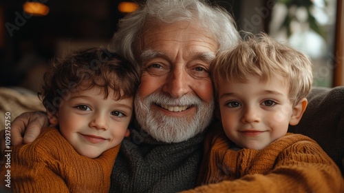 Loving grandfather embracing two young grandsons, happy family portrait, warmth and bonding, elder and children relationship, affection, joyful moment, indoor cozy scene, togetherness