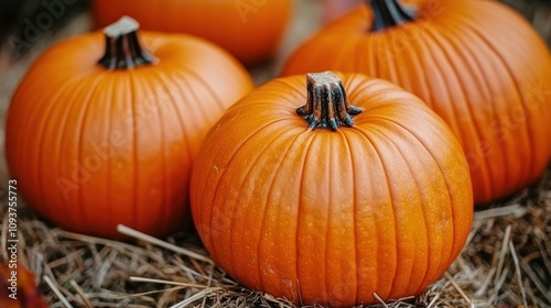 Four ripe orange pumpkins on hay. (1)