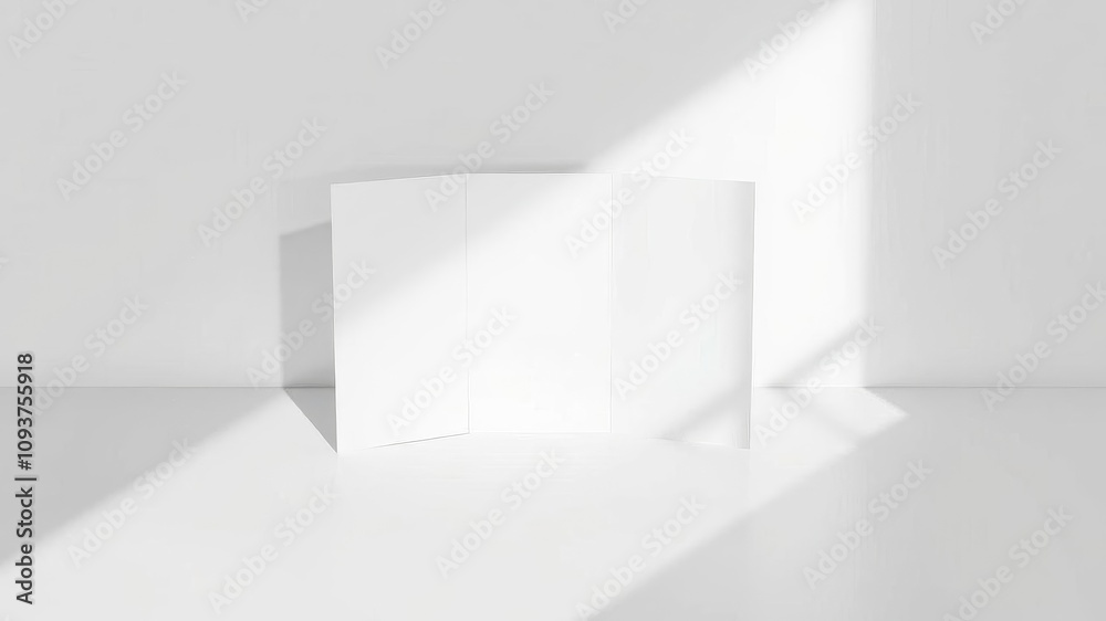 A mockup of a trifold brochure displayed on a white background with shadows, presentation, blank, concept A mockup of a trifold brochure displayed on a white background with shadows, presentation, blank, concept