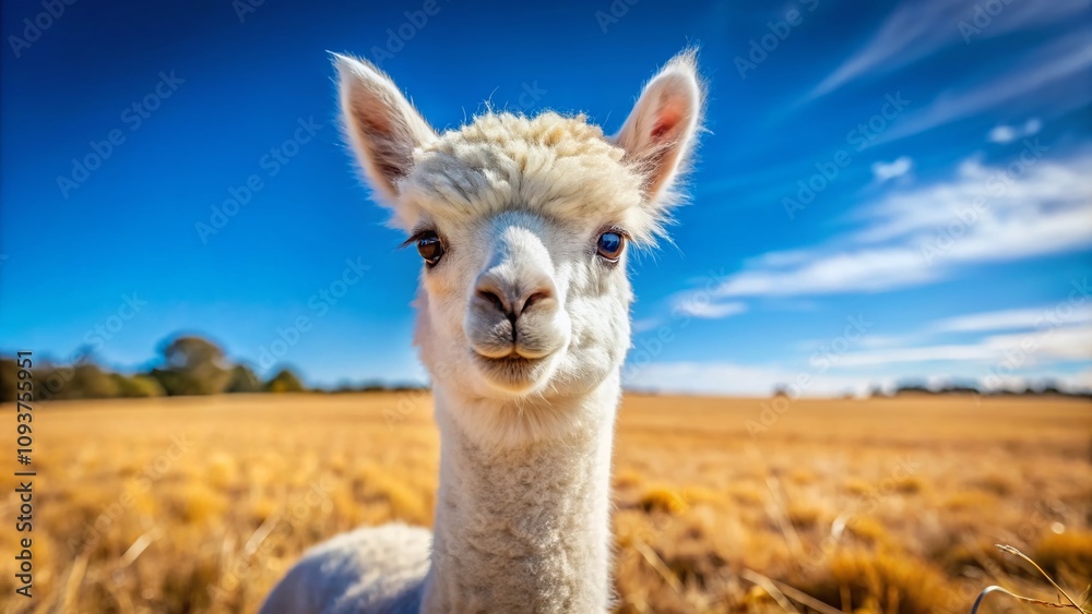 Obraz premium Adorable Baby Alpaca on a Sunny Dry Farm in Australia, Perfect for Nature and Animal Lovers with Ample Space for Text and Creative Projects