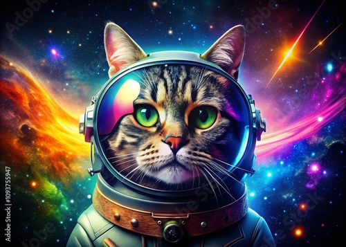 Adorable Astronaut Cat with Sunglasses Floating in Space Surrounded by Stars and Galaxies, Captured in Stunning Macro Photography Style for Unique Cosmic Imagery photo