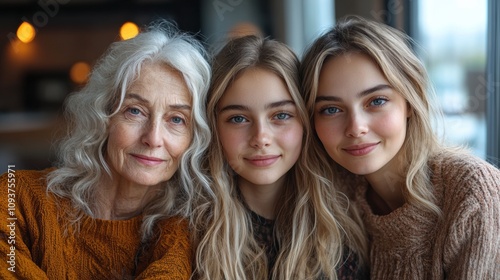 Close-up of grandmother with two granddaughters, smiling faces, generations bonding, family love, warm relationship, indoor cozy scene, togetherness, joyful expressions, beauty, closeness