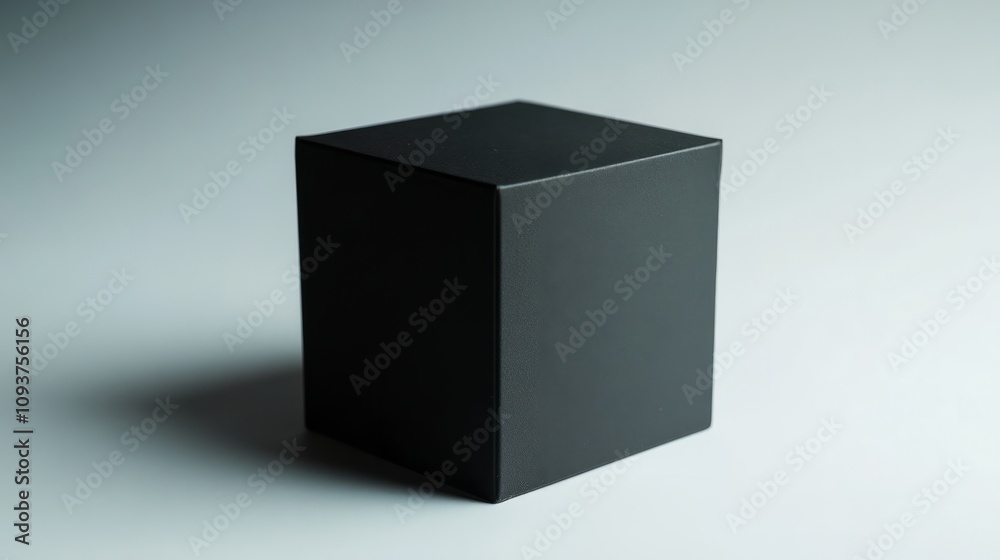 A small matte black cube box, standing upright on a bright white background