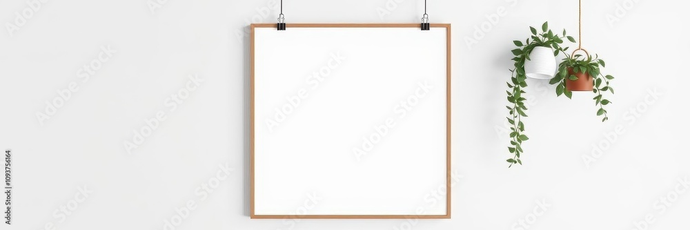 A poster mockup hanging on clips on a white wall in a modern home interior, copy space, style, poster A poster mockup hanging on clips on a white wall in a modern home interior, copy space, style, poster