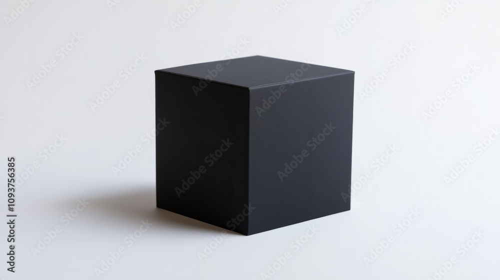 A small matte black cube box, standing upright on a bright white background A small matte black cube box, standing upright on a bright white background