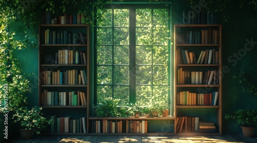 Cozy green library nook with sunlight, bookshelves, plants by window, peaceful reading space, lush indoor greenery, natural light, relaxing environment, peaceful book haven, plant decor photo