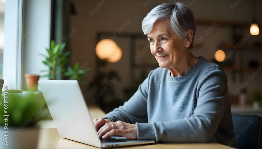 Elderly woman working on laptop near a bright window in a cozy and warm home office, representing productivity, wisdom, and a positive atmosphere Elderly woman working on laptop near a bright window in a cozy and warm home office, representing productivity, wisdom, and a positive atmosphere