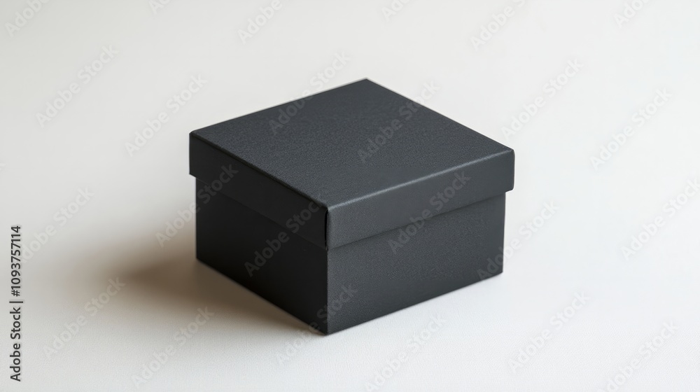 A small square gift box with a matte black finish, laying closed on a white surface A small square gift box with a matte black finish, laying closed on a white surface