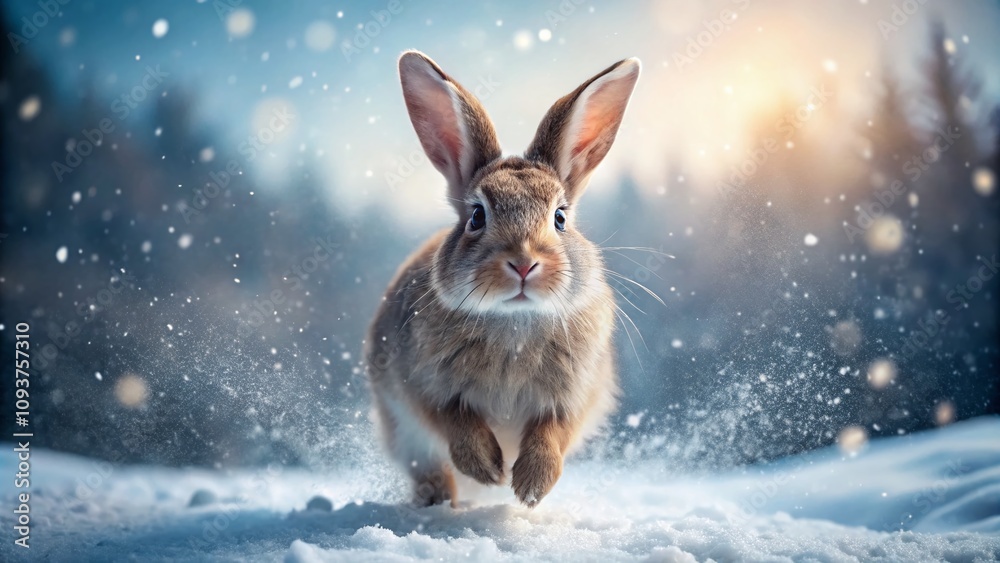 Adorable Fluffy Rabbit Playing in the Snow: A Heartwarming Winter Scene with a Cute Bunny Surrounded by Snowflakes, Capturing the Joy of Winter in a High Depth of Field Photograph Adorable Fluffy Rabbit Playing in the Snow: A Heartwarming Winter Scene with a Cute Bunny Surrounded by Snowflakes, Capturing the Joy of Winter in a High Depth of Field Photograph