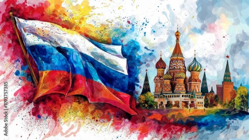 The Russian flag with bright red, white and blue shades. Iconic landmarks such as St. Basil's Cathedral, the Kremlin and the Winter Palace are in the background.