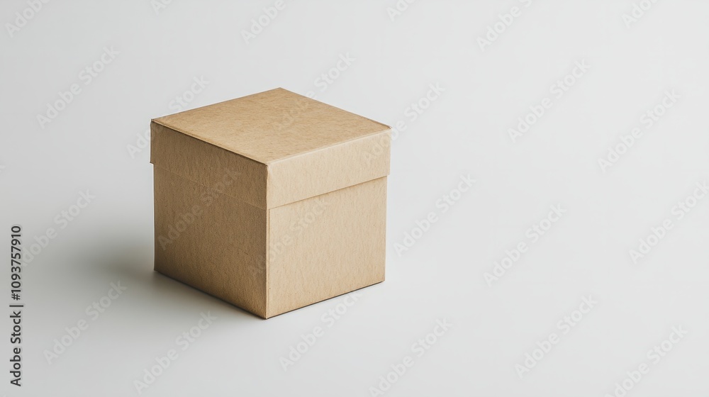 Fototapeta premium A small, textured kraft paper box, with detailed grain and clean folds, sitting on a plain white surface