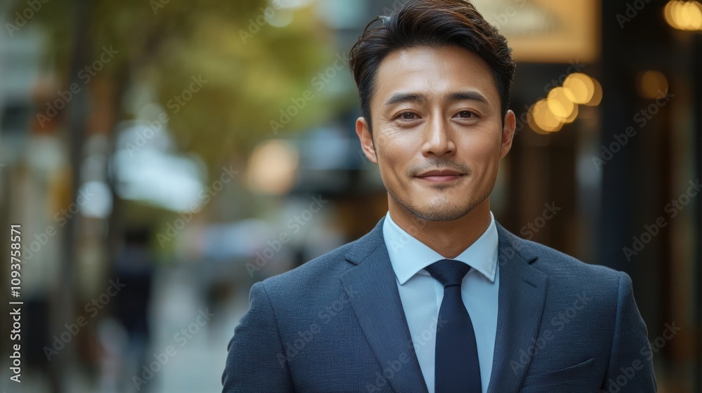 Businessman on city street, stylish gray suit, young professional, urban background, corporate attire, executive male, formal fashion, confident smile, cityscape, modern lifestyle Businessman on city street, stylish gray suit, young professional, urban background, corporate attire, executive male, formal fashion, confident smile, cityscape, modern lifestyle
