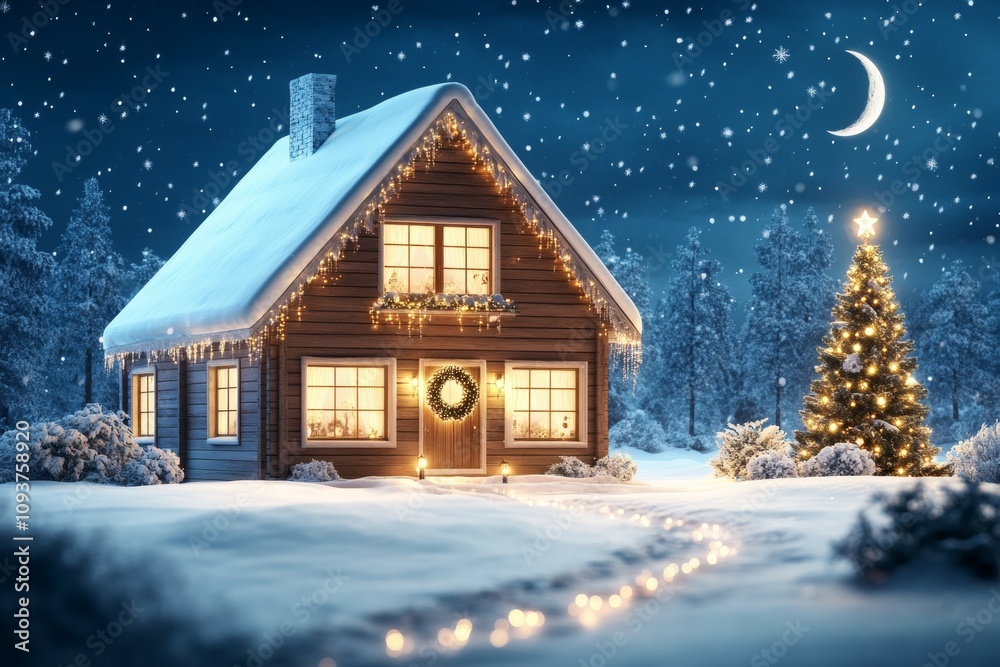 Snowy christmas night with illuminated cabin and decorated tree under starry sky Snowy christmas night with illuminated cabin and decorated tree under starry sky