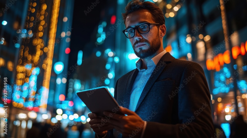 Focused man holding tablet in vibrant city night scene, illuminated by neon lights, modern technology, digital business concept, urban professional, futuristic environment Focused man holding tablet in vibrant city night scene, illuminated by neon lights, modern technology, digital business concept, urban professional, futuristic environment