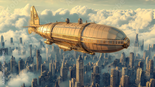 Luxury airship cruising above steampunk inspired city with brass and wooden details. Steampunk Airship Voyage. Illustration photo