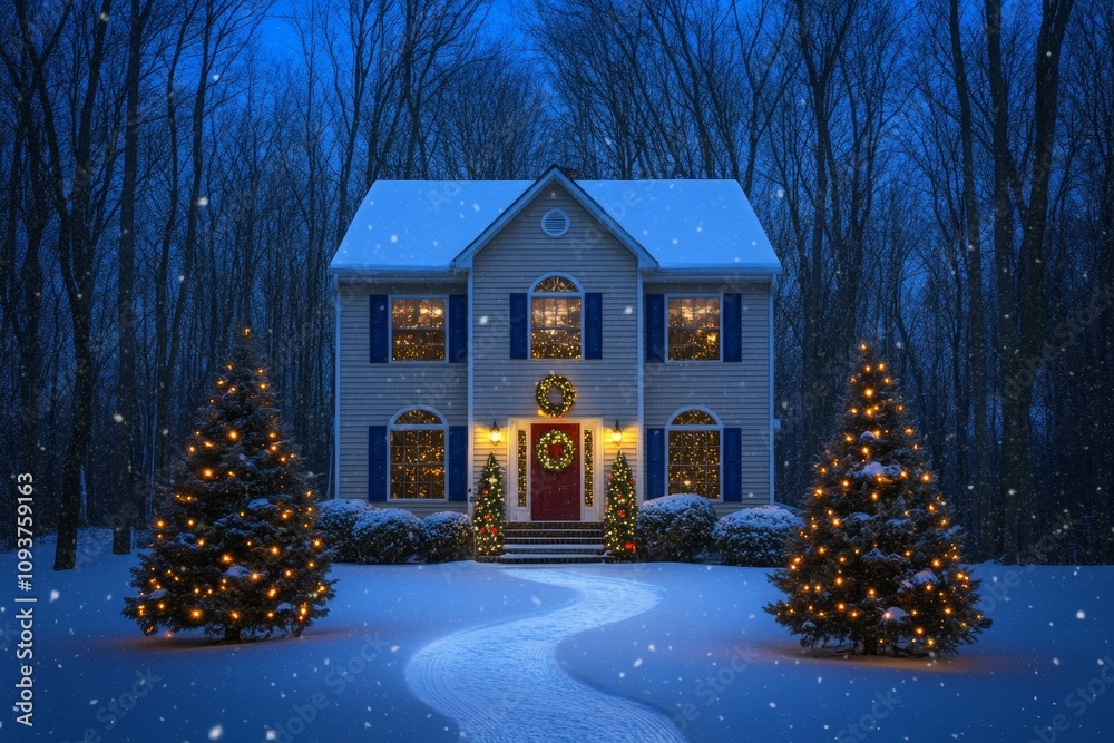 Festive christmas house with snowy landscape and illuminated trees Festive christmas house with snowy landscape and illuminated trees
