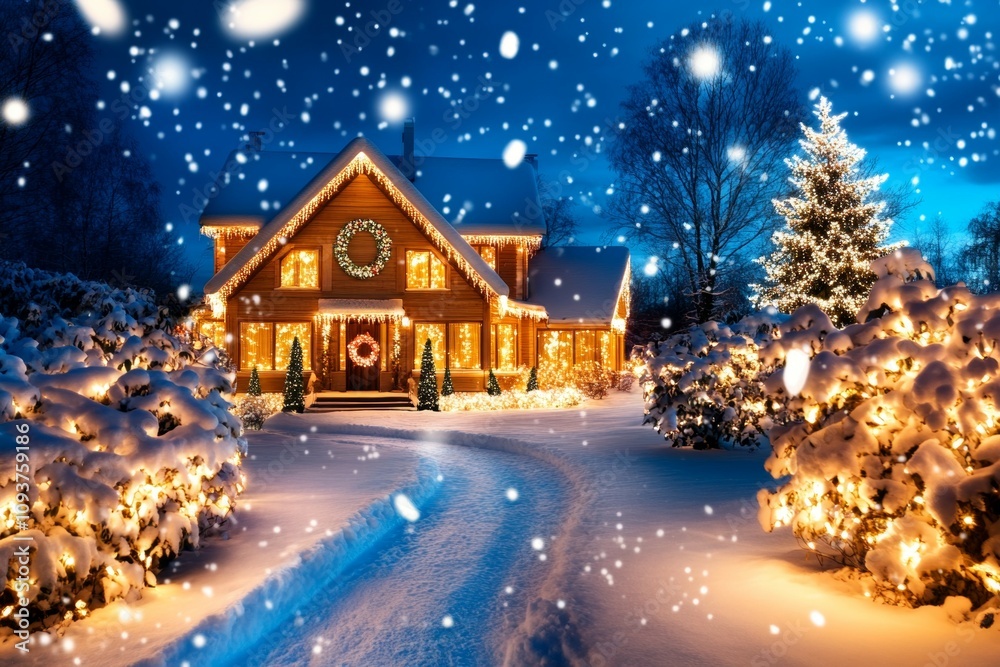 Festive winter cabin with snowfall and holiday lights amidst snowy landscape Festive winter cabin with snowfall and holiday lights amidst snowy landscape