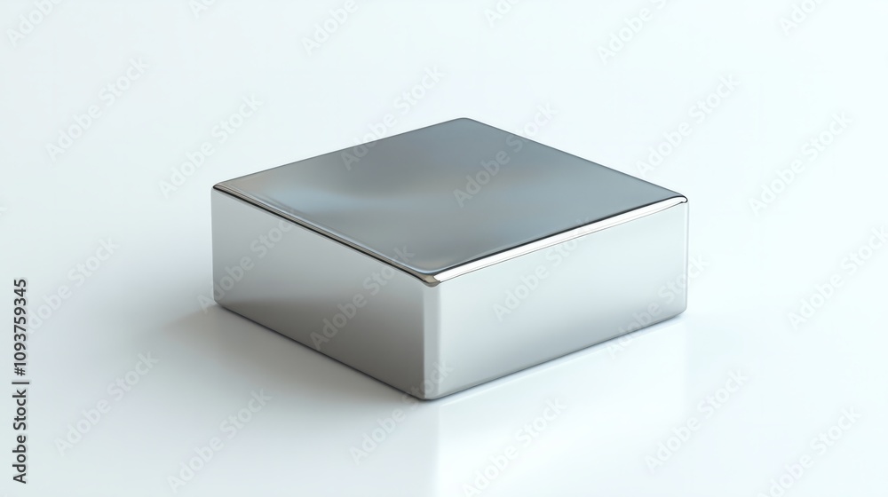 A square metallic box with a smooth, glossy finish and soft reflections, sitting on a white background A square metallic box with a smooth, glossy finish and soft reflections, sitting on a white background
