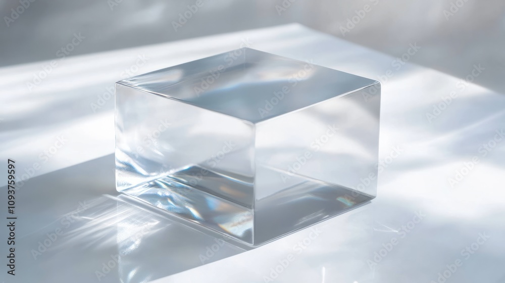 A square, transparent plastic box with glossy reflections, sitting on a polished white surface , ice on white A square, transparent plastic box with glossy reflections, sitting on a polished white surface , ice on white