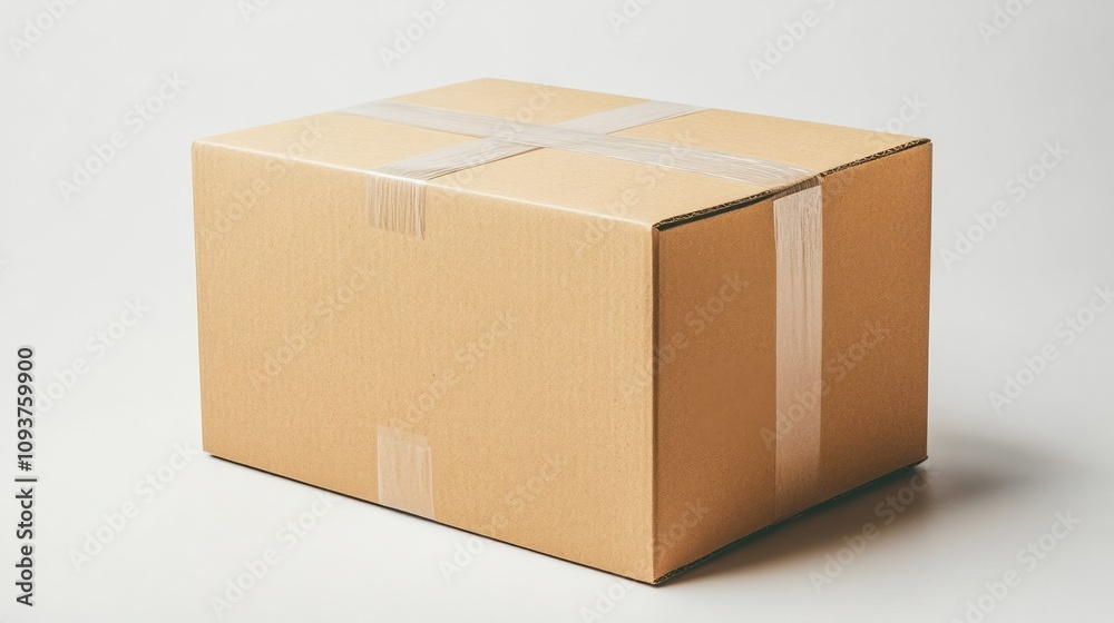 A sturdy corrugated shipping box, shown from an angle on a plain white background A sturdy corrugated shipping box, shown from an angle on a plain white background