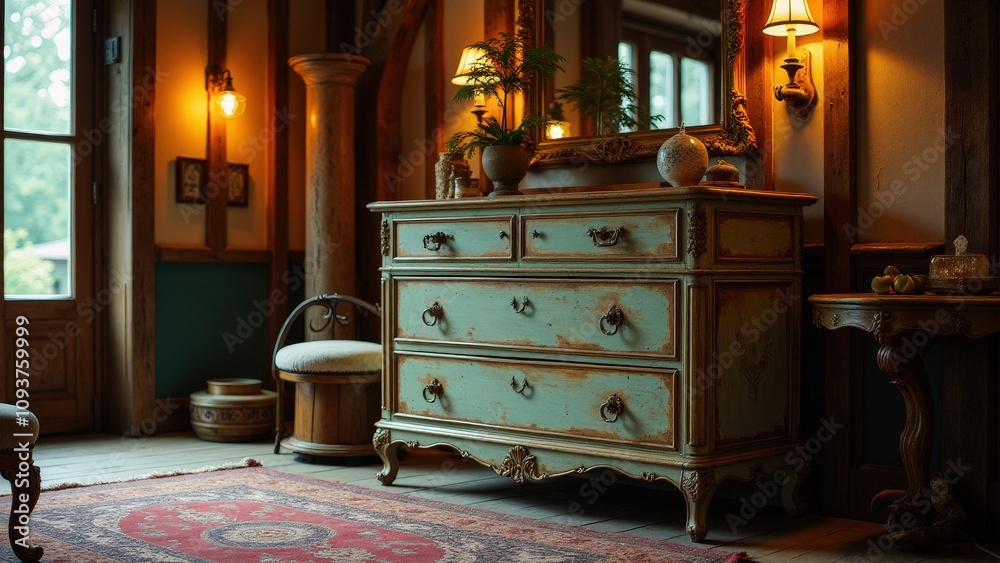 Antique retro dresser with aged details and brass hardware, styled with vintage charm. Antique retro dresser with aged details and brass hardware, styled with vintage charm.