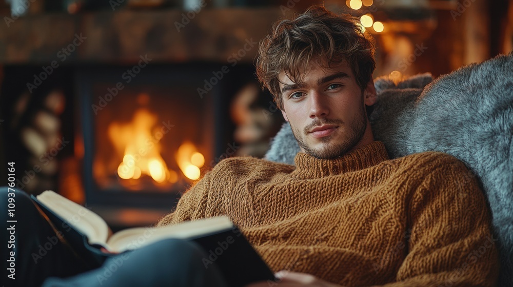 Handsome young man reading book by fireplace, cozy sweater, warm indoor evening, relaxing atmosphere, comfortable, winter leisure, peaceful, calm Handsome young man reading book by fireplace, cozy sweater, warm indoor evening, relaxing atmosphere, comfortable, winter leisure, peaceful, calm