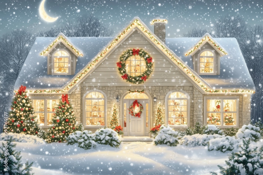 Cozy snow-covered house decorated with christmas lights and wreaths under a crescent moon Cozy snow-covered house decorated with christmas lights and wreaths under a crescent moon
