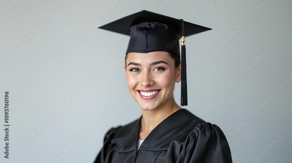 Smiling graduate in cap and gown celebrating academic achievement Smiling graduate in cap and gown celebrating academic achievement