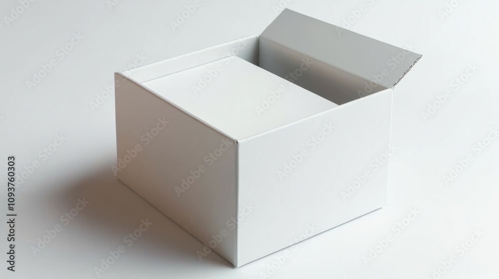 A sturdy white cardboard box with flaps slightly open, placed at an angle on a smooth white surface A sturdy white cardboard box with flaps slightly open, placed at an angle on a smooth white surface
