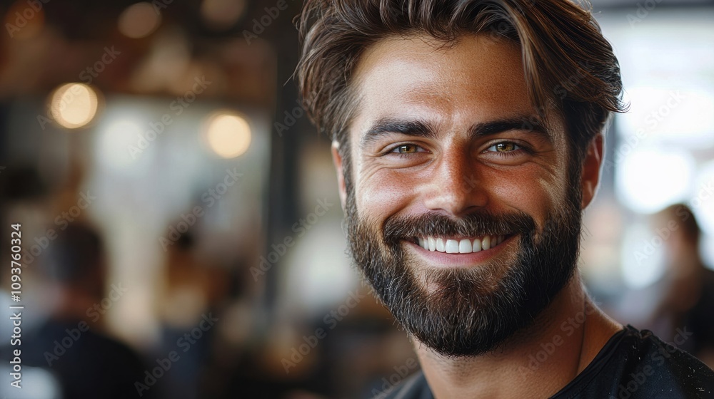 Bearded man with friendly smile in café, close-up portrait, casual setting, natural light, warm atmosphere, joyful expression, relaxed vibe, social Bearded man with friendly smile in café, close-up portrait, casual setting, natural light, warm atmosphere, joyful expression, relaxed vibe, social