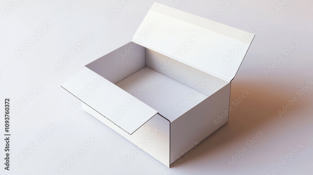 A sturdy white cardboard box with flaps slightly open, placed at an angle on a smooth white surface A sturdy white cardboard box with flaps slightly open, placed at an angle on a smooth white surface