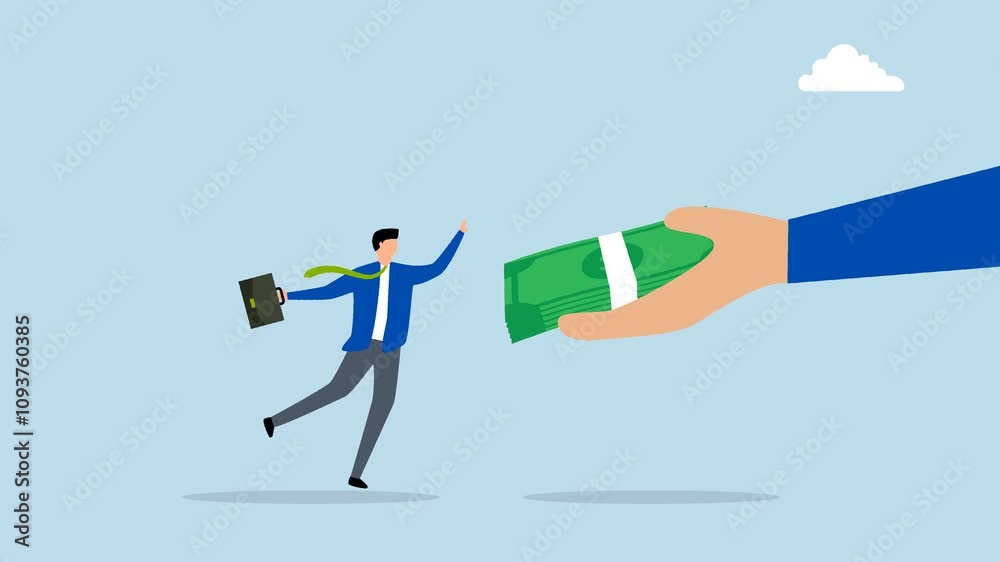 Getting paid, 4k animation of Businessman hand handing a banknote to a joyful employee. Getting paid, 4k animation of Businessman hand handing a banknote to a joyful employee.