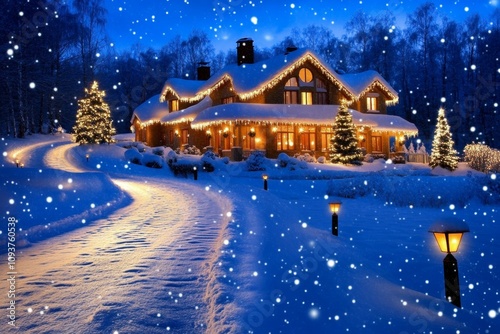 Cozy snow-covered cabin at night with festive lights and pine trees in winter wonderland