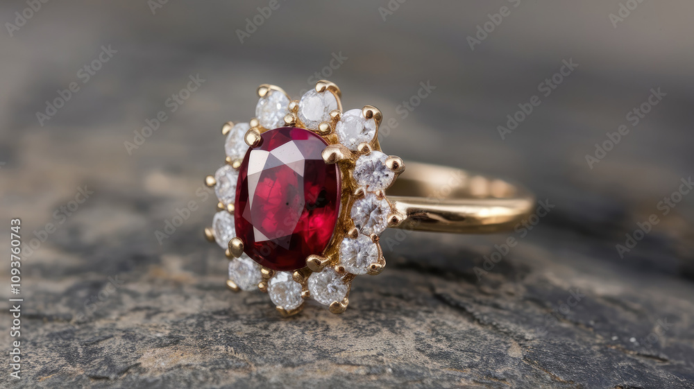A red and white ring with a diamond center. The ring is gold and has a flower design A red and white ring with a diamond center. The ring is gold and has a flower design