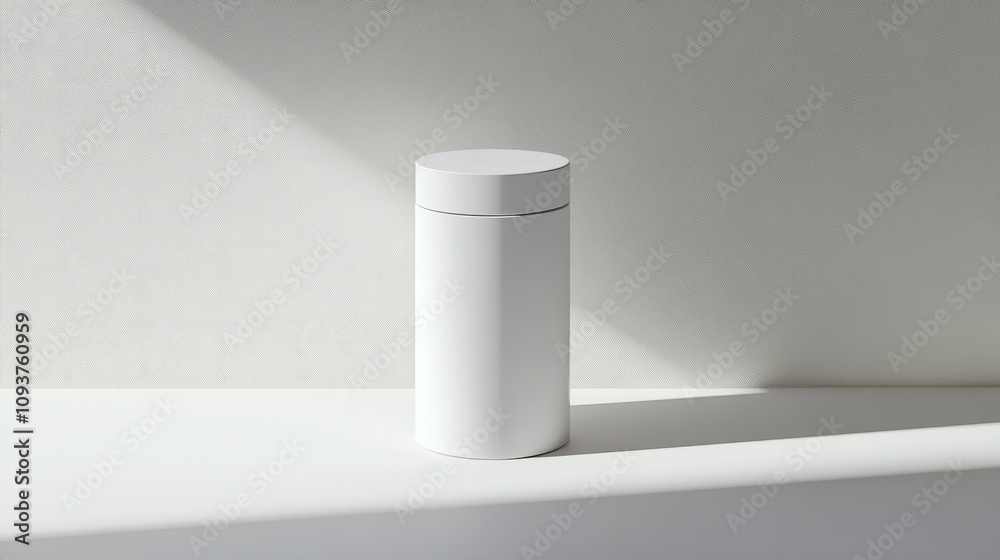 A tall, cylindrical box with a removable lid, perfectly centered on a pristine white surface A tall, cylindrical box with a removable lid, perfectly centered on a pristine white surface