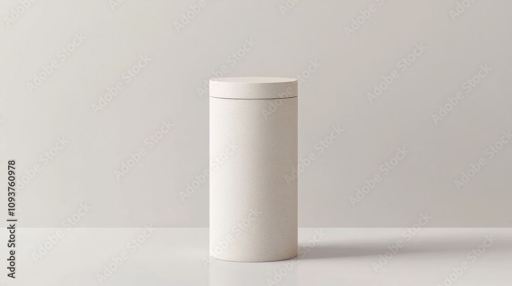 A tall, cylindrical box with a removable lid, perfectly centered on a pristine white surface A tall, cylindrical box with a removable lid, perfectly centered on a pristine white surface