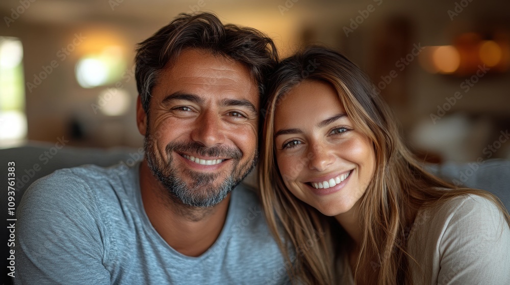 Happy couple smiling in cozy home, natural light, relaxed atmosphere, warm tones, love and connection, casual portrait, peaceful lifestyle, content expression, inviting mood Happy couple smiling in cozy home, natural light, relaxed atmosphere, warm tones, love and connection, casual portrait, peaceful lifestyle, content expression, inviting mood