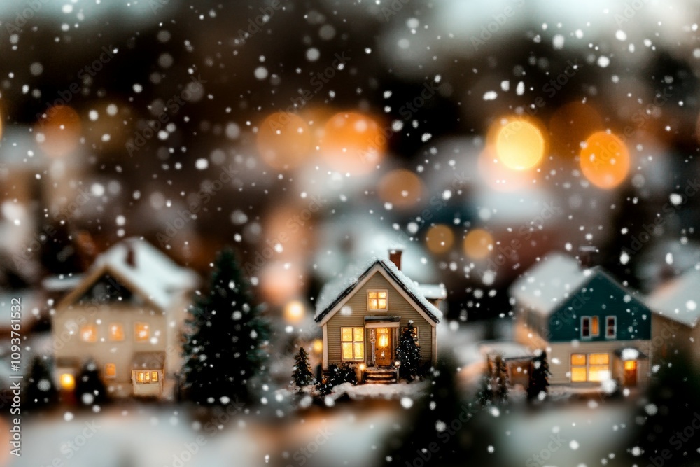 Cozy snow-covered houses with bokeh lights in winter wonderland Cozy snow-covered houses with bokeh lights in winter wonderland