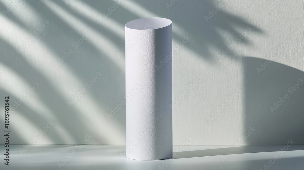 A tall cylindrical white box with a soft matte finish and open top, casting a shadow on the surface A tall cylindrical white box with a soft matte finish and open top, casting a shadow on the surface