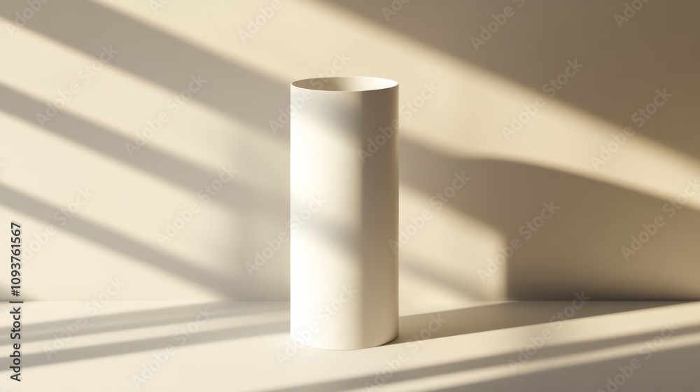 A tall cylindrical white box with a soft matte finish and open top, casting a shadow on the surface A tall cylindrical white box with a soft matte finish and open top, casting a shadow on the surface