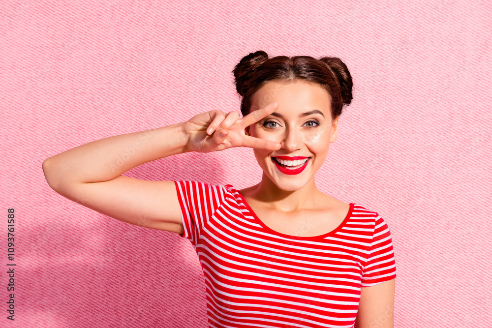 Close-up portrait of her she nice-looking cute charming sweet attractive lovely cheerful cheery optimistic teen girl showing v-sign near eye isolated over pink pastel background Close-up portrait of her she nice-looking cute charming sweet attractive lovely cheerful cheery optimistic teen girl showing v-sign near eye isolated over pink pastel background